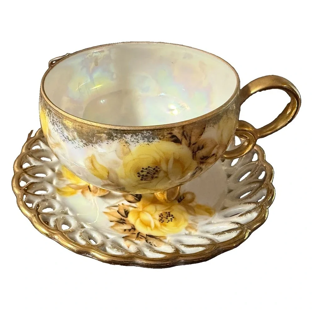 Vintage Royal Sealy China Japan Footed Teacup Saucer Yellow Roses Gold Luster